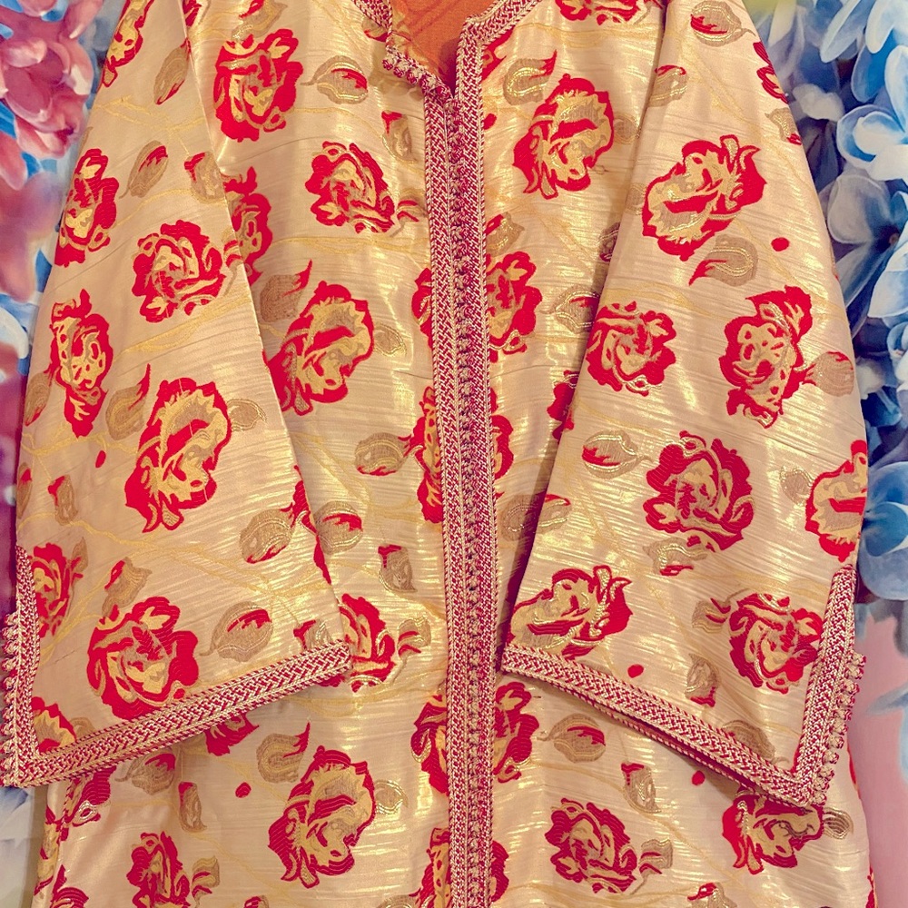 Beautiful Handmade Golden Floral Moroccan Kaftan Dress Sz 2xl